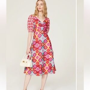 Donna Morgan floral midi dress v neck puff sleeves size 2